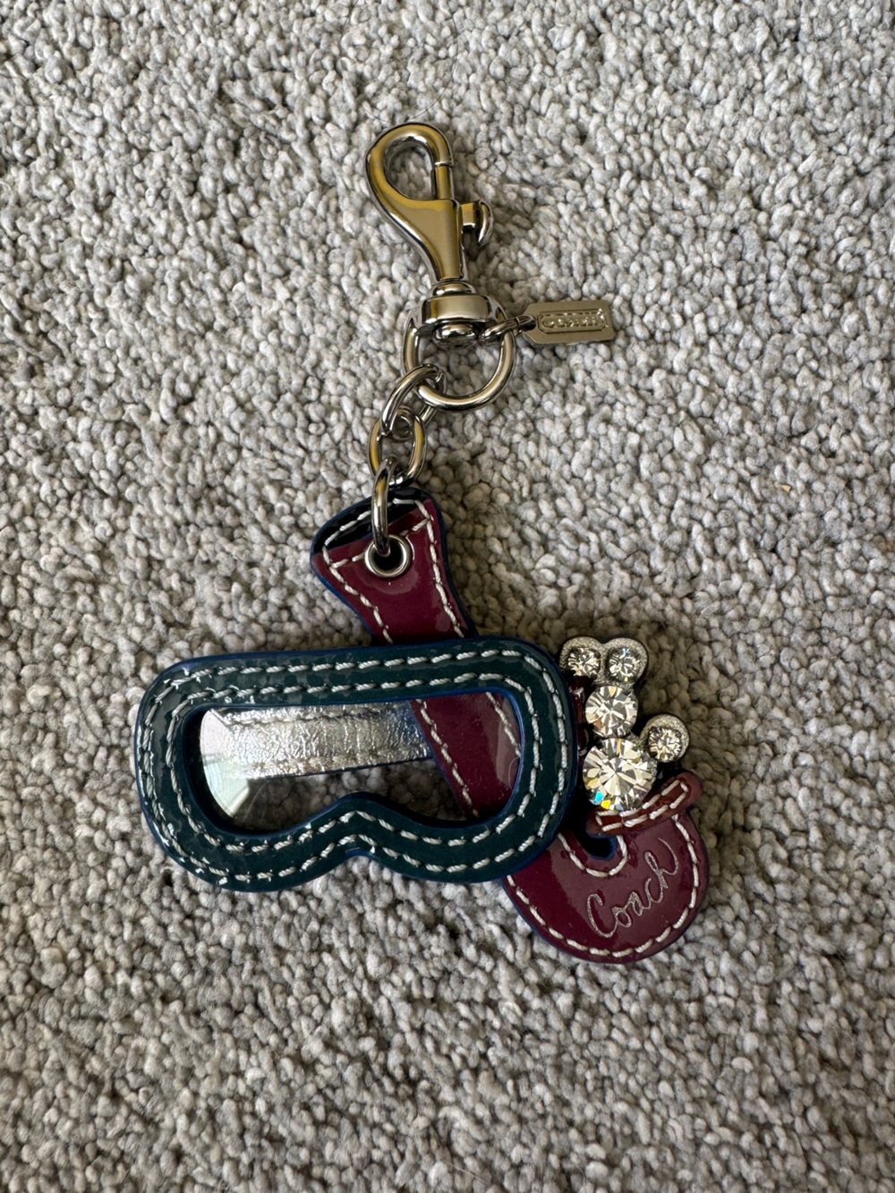 Coach Teal & Burgundy Goggle Keychain Charm with Crystal Accent